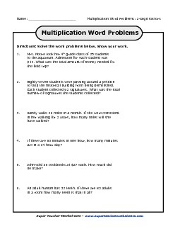 Multiplication Word Problems (2 Digits by 2 Digits) Worksheet