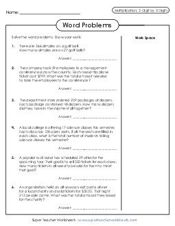 Multiplication Word Problems: 3 digits by 2 digits Worksheet