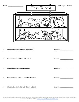 Toy Shop Multiplication Money: 1-digit Worksheet