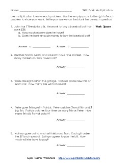 Multiplication Word Problems (Basic) Worksheet