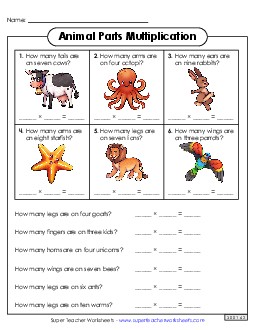 Multiplication Animal Parts Worksheet