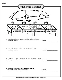 Fruit Stand Money: 1-digit Numbers (Easier) Multiplication Worksheet