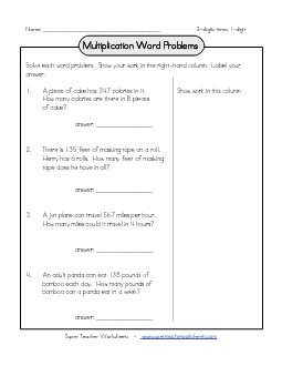 Multiplication Word Problems: 3-digit by 1 digit Worksheet