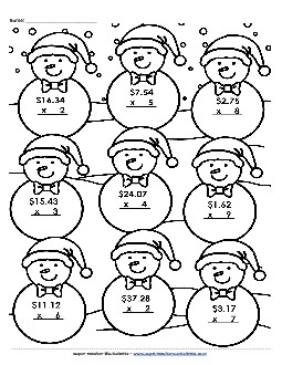 Snowmen Multiplication Picture (Money) Worksheet