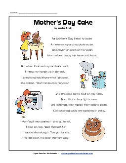 Mother's Day Cake (Poem) Poems Worksheet