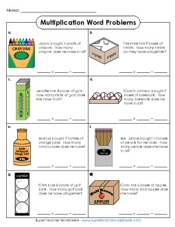 Multiplication Picture Word Problems Worksheet