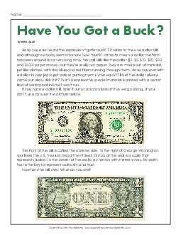 Have You Got a Buck? 6th Grade Reading Comprehension Worksheet