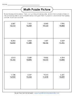 Cut-and-Glue Addition Puzzle: Dinosaur Worksheet