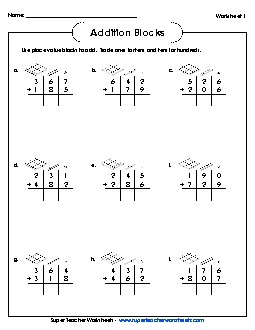 3-Digit Addition with Place Value Blocks Worksheet