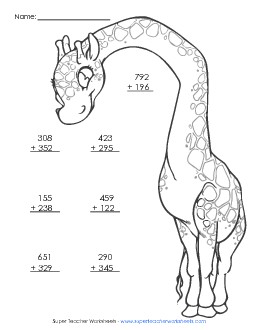 Color and Add: Giraffe (3-Digits) Addition Worksheet