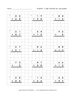 Graph Paper Math: 2-Digit Addition (No Regrouping) Worksheet