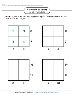 Addition Squares: Level 2, Set 3 Free Worksheet