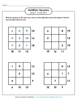 Addition Squares: Level 3, Set 1 Worksheet