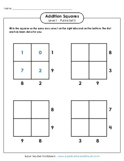 Addition Squares: Level 1, Set 3 Worksheet