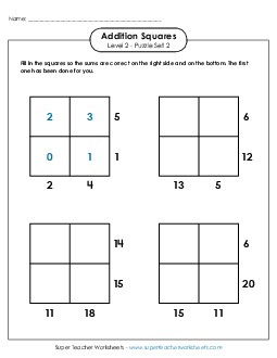 Addition Squares: Level 2, Set 2 Worksheet