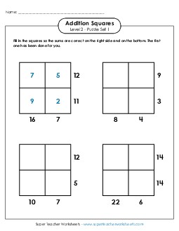 Addition Squares: Level 2, Set 1 Worksheet