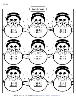 Snowmen Addition Picture (Money) Worksheet