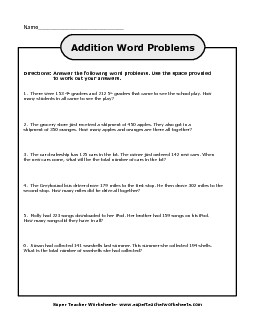 More Word Problems:  3-Digit Addition Worksheet