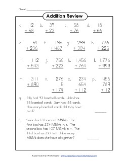 Addition Review Worksheet Worksheet