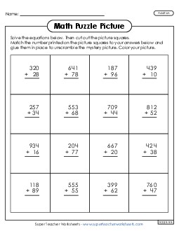 3-Digit Addition - Snowman Picture Puzzle Winter Worksheet