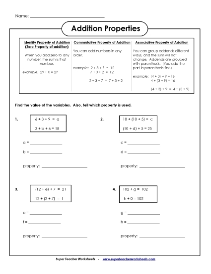 Assoc., Identity, & Comm. Props. Addition Worksheet