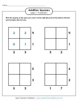 Addition Squares: Level 1, Set 1 Free Worksheet