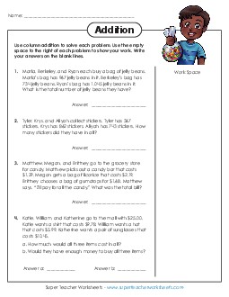 Column Addition Word Problems Worksheet #2 Worksheet