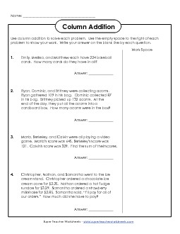 Column Addition Word Problems #1 Worksheet