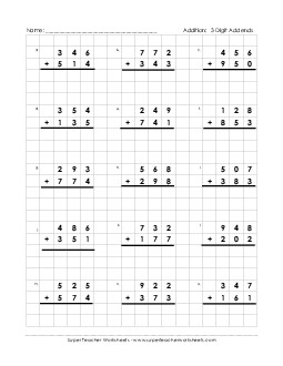 Graph Paper Math:  3-Digit Addends Addition Worksheet