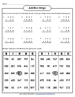 Addition Bingo:  3-Digit Addends Worksheet