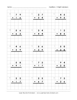 Graph Paper Math:  2-Digit Addends (Regrouping) Addition Worksheet