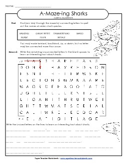 Word Maze: Sharks (Fish) A Maze Ing Worksheet