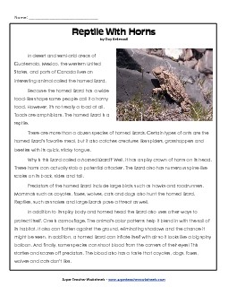 Horned Lizards 3rd Grade Reading Comprehension Worksheet