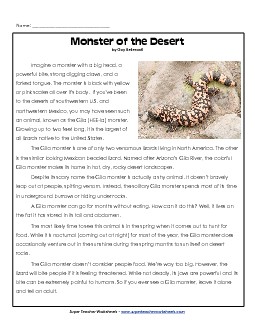 Gila Monster 5th Grade Reading Comprehension Worksheet