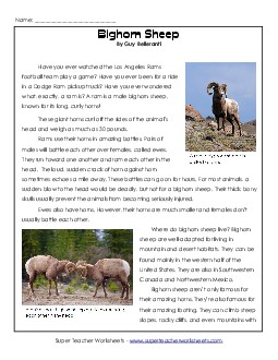 Bighorn Sheep 4th Grade Reading Comprehension Worksheet