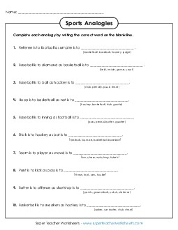 Sports Analogies Vocab Worksheet