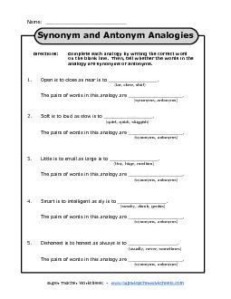 Synonym and Antonym Analogies Synonyms Antonyms Worksheet