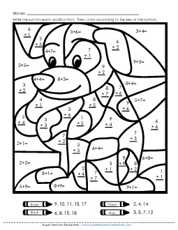 Addition Mystery Picture: Dog Worksheet