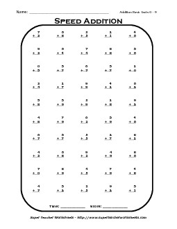 Speed Addition 0-9 Worksheet