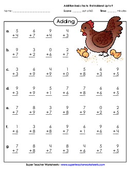 Addition Basic Facts (0-9) Worksheet