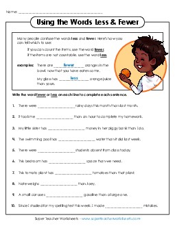 Adjectives - Fewer vs. Less Worksheet