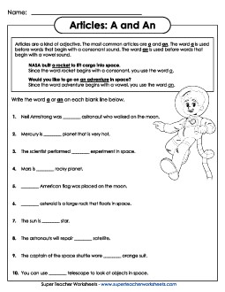 A and An - Space Theme Adjectives Worksheet