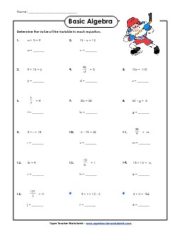 Finding the Values of Variables Algebra Worksheet