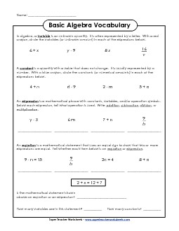 Basic Algebra Vocabulary Worksheet