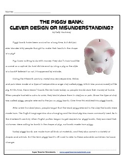 Piggy Banks 3rd Grade Reading Comprehension Worksheet