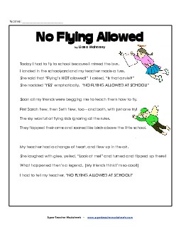 No Flying in School (Poem) 3rd Grade Reading Comprehension Worksheet