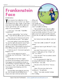 Frankenstein Face (Fiction) 4th Grade Reading Comprehension Worksheet