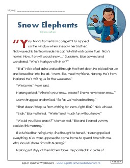 Snow Elephants (Fiction) 4th Grade Reading Comprehension Worksheet