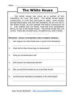 The White House (Short, Nonfiction) Reading Comprehension Worksheet