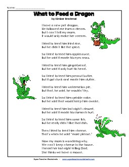 What To Feed my Dragon (Poem) 3rd Grade Reading Comprehension Worksheet